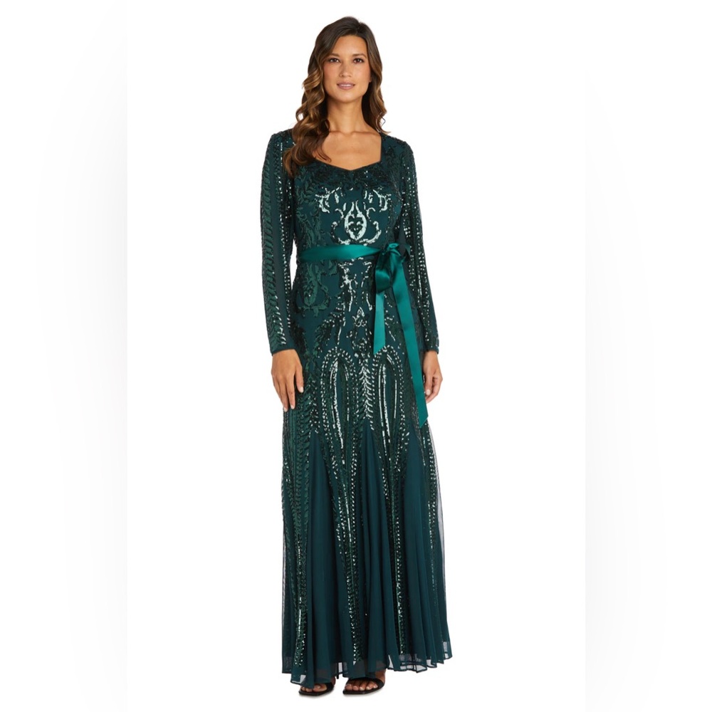 R&M Richards sequined emerald green gown